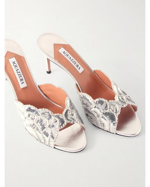 Aquazzura Natural Ce Soir 75 Embellished Metallic Leather Mule
