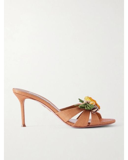 Aquazzura Brown Birdsong 75 Raffia Mules