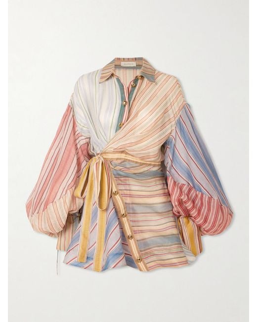 Zimmermann Multicolor Rebellion Patchwork Striped Linen And Silk-Blend Voile Mini Wrap Dress