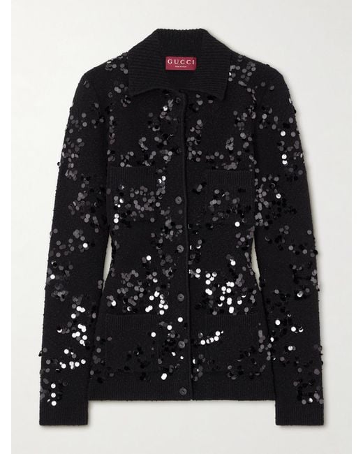 Gucci Black Sequin-Embellished Bouclé Cardigan