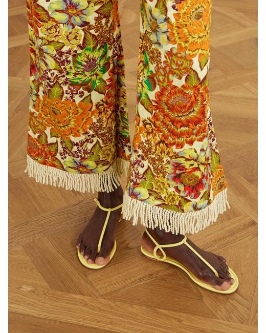 ALÉMAIS Yellow Lana Fringed Floral-Print Linen Flared Pants