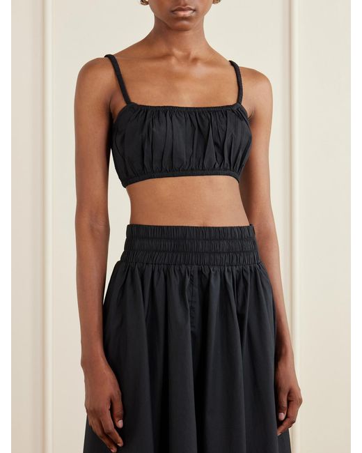 Suzie Kondi Black Bea Shirred Cotton-Poplin Bandeau Tank