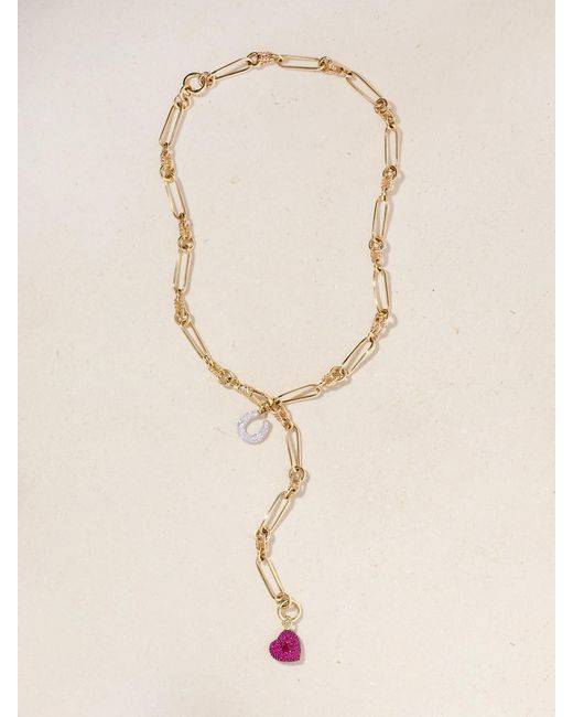 Lucy Delius Natural Twisted Chain, Horseshoe And Heart Convertible 14-Karat, Rhodium-Plated, Ruby And Diamond Necklace