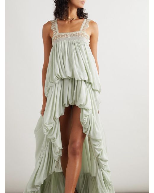 Chloé White Robe Aus Seidenchiffon Mit Raffungen Und Spitzenbesätzen
