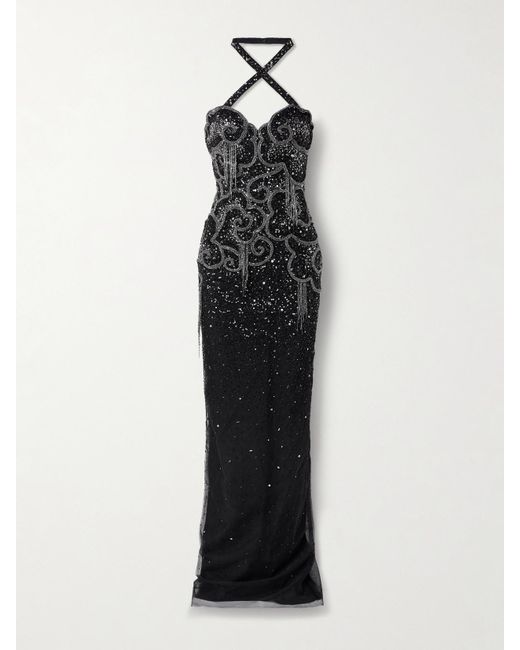 Georges Hobeika White Embellished Tulle Halterneck Gown