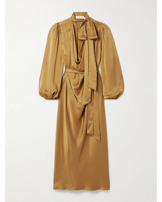 Zimmermann Natural Billow Pussy-Bow Belted Silk-Satin Midi Dress