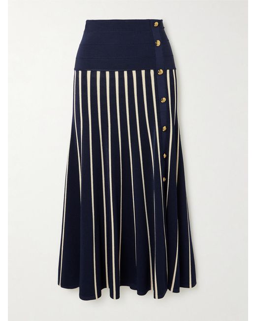 Zimmermann Blue Luna Button-Detailed Pleated Striped Knitted Midi Skirt