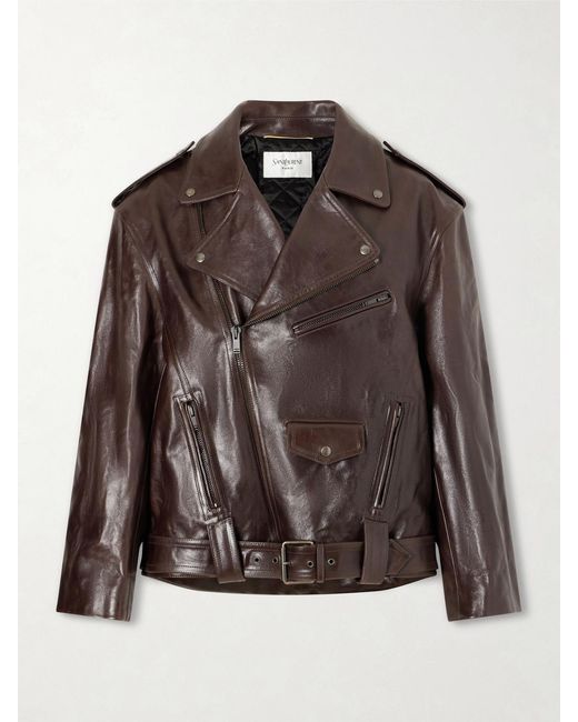 Saint Laurent Brown Glossed Textured-Leather Biker Jacket