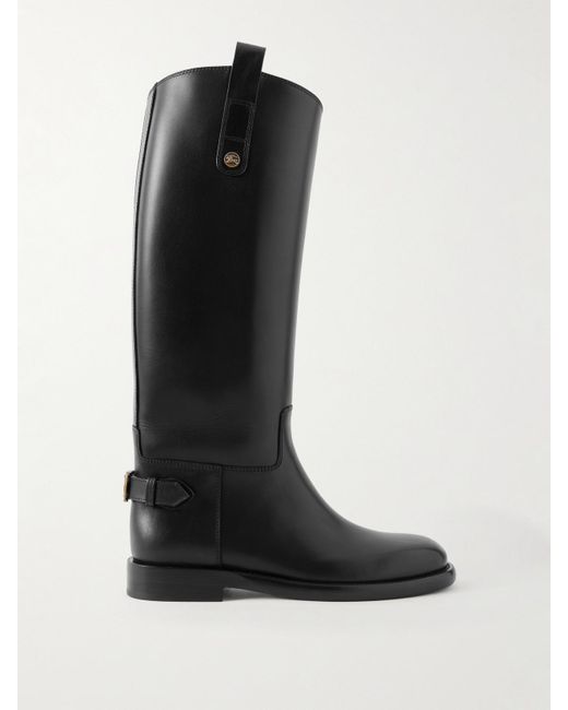 Burberry Black Buckled Leather Knee Boots
