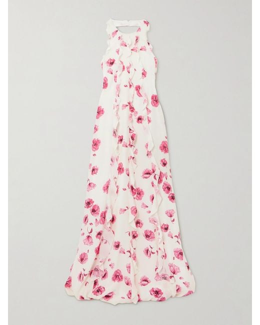 Emilia Wickstead Pink Fleurine Ruffled Floral-Print Silk Crepe De Chine Halterneck Gown