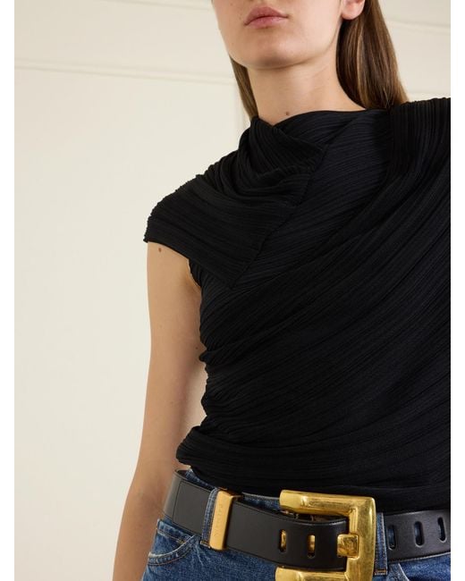 Balmain Black Draped Ribbed Jersey Blouse