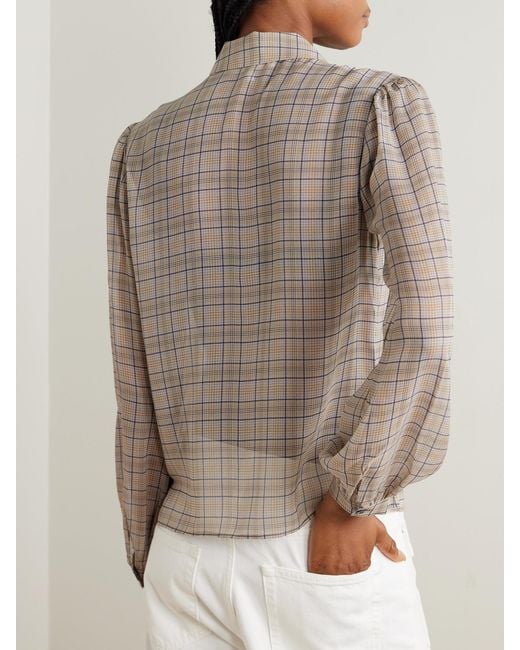 FRAME Natural The Plaid Staple Gathered Checked Silk-Chiffon Shirt