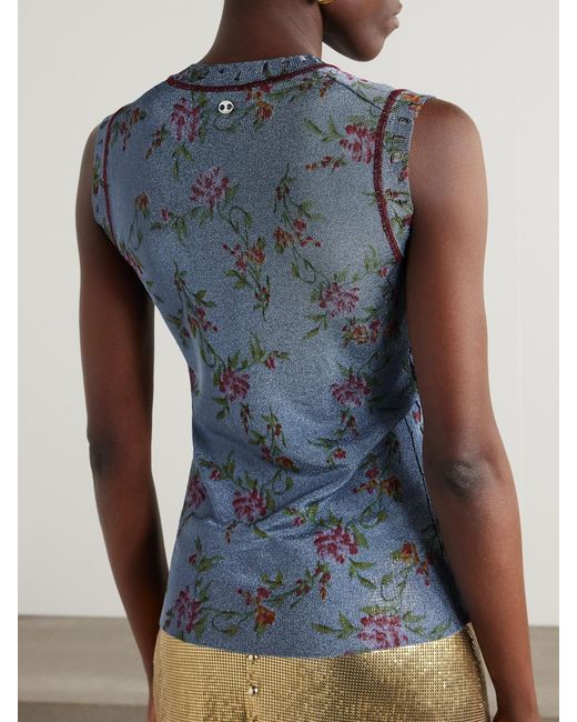 Rabanne Blue Floral-Print Metallic Knitted Tank