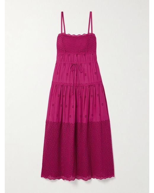 Ulla Johnson Pink Isadore Midikleid Aus Baumwoll-Voile Mit Lochstickerei