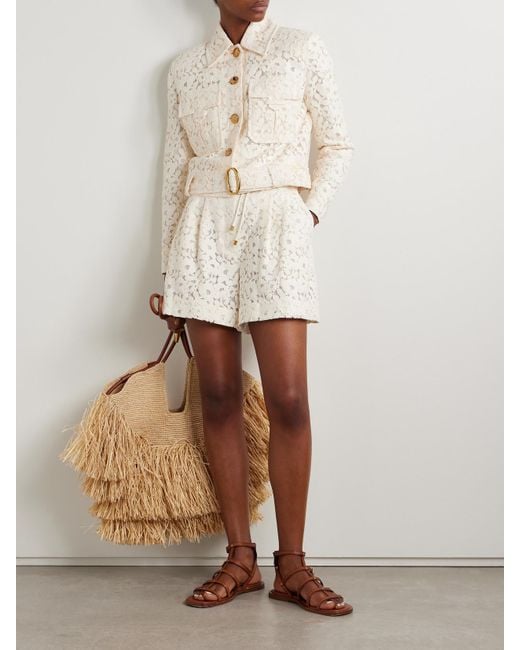 Zimmermann Natural Illuminate Belted Cropped Cotton-Blend Corded Lace Jacket