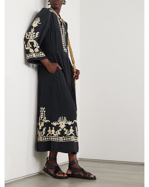 Isabel Marant Black Embroidered Pleated Crepe Midi Dress