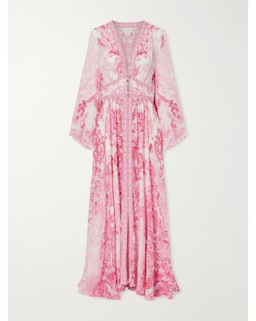 Camilla Pink Embellished Floral-Print Silk-Crepe Maxi Dress