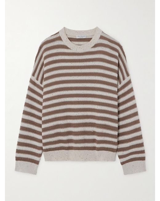 Brunello Cucinelli Gray Pullover Aus Einer Gestreiften Baumwollmischung Mit Pailletten