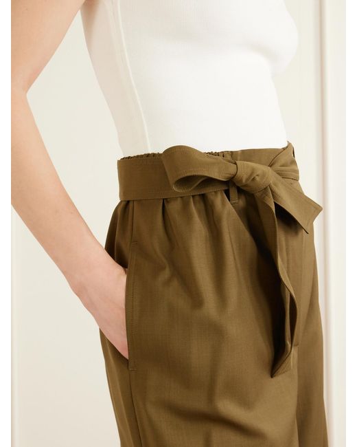 Max Mara Green Editto Belted Wool Grain De Poudre Wide-Leg Pants