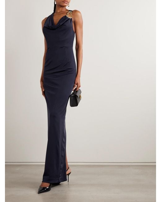 Rebecca Vallance Blue Ayesha Draped Embellished Stretch Satin-Jersey Halterneck Gown