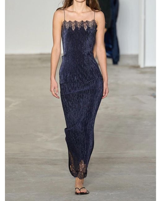 FFORME Blue Lumi Lace-Trimmed Plissé Midi Dress