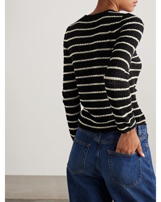 Doen Black Therese Striped Pointelle-Knit Pima Cotton And Silk-Blend Cardigan