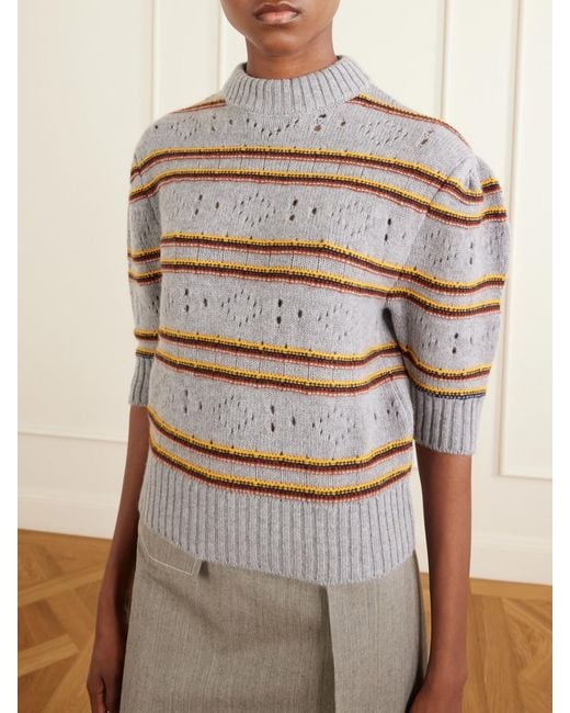 Marni Gray Cropped Striped Open-Knit Cashmere Sweater
