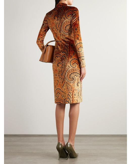 Etro Brown Paisley-Print Velvet Turtleneck Midi Dress