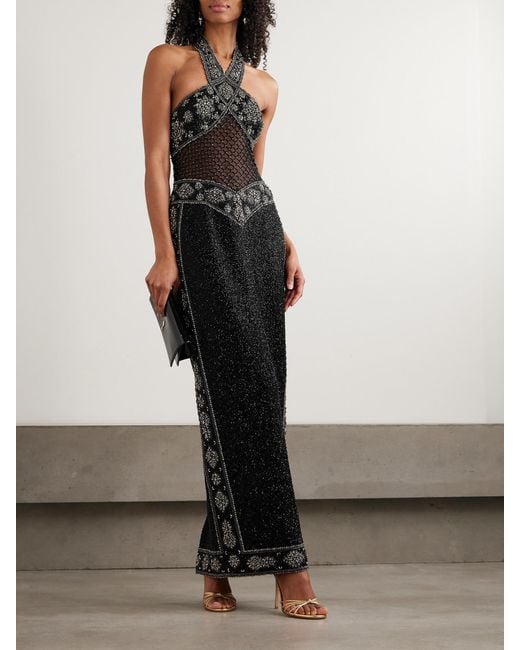 Clio Peppiatt Black Cyndi Cutout Embellished Mesh Halterneck Gown