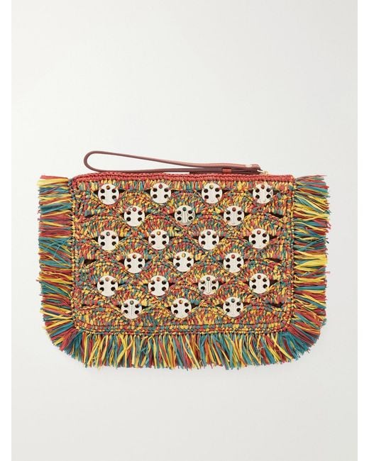 Rabanne Multicolor Leather-Trimmed Fringed Woven Raffia Clutch