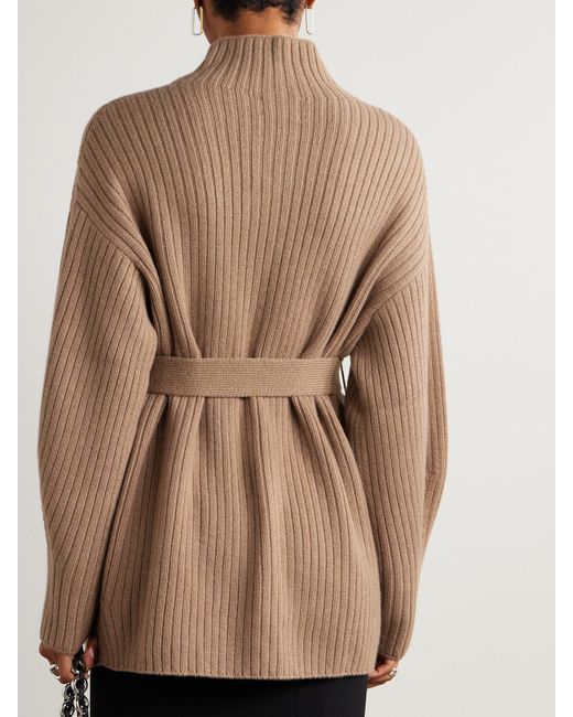 LeKasha Natural Cotai Belted Ribbed Organic Cashmere Cardigan