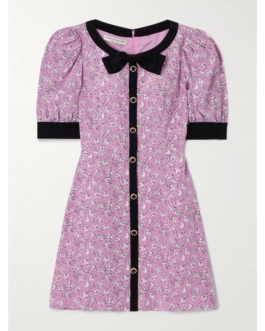Alessandra Rich Pink Clover Bow And Button-Embellished Floral-Print Silk Mini Dress