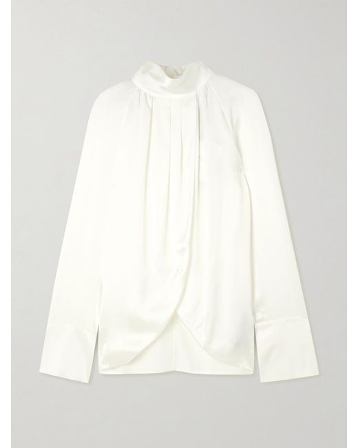 Balmain White Draped Silk-Satin Blouse