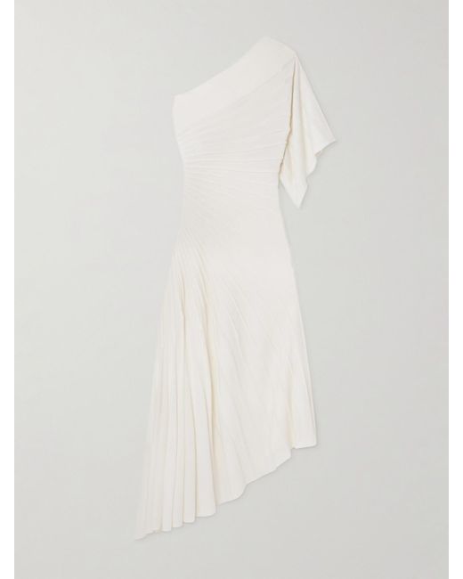 Alaïa White One-Shoulder Ribbed Wool Midi Dress
