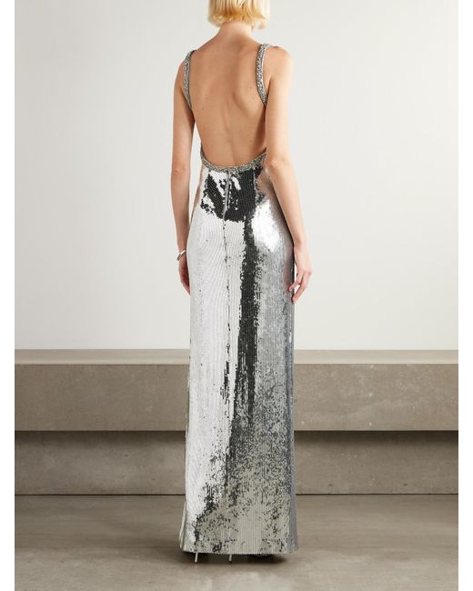Rebecca Vallance White Olympia Open-Back Crystal-Embellished Sequined Mesh Gown