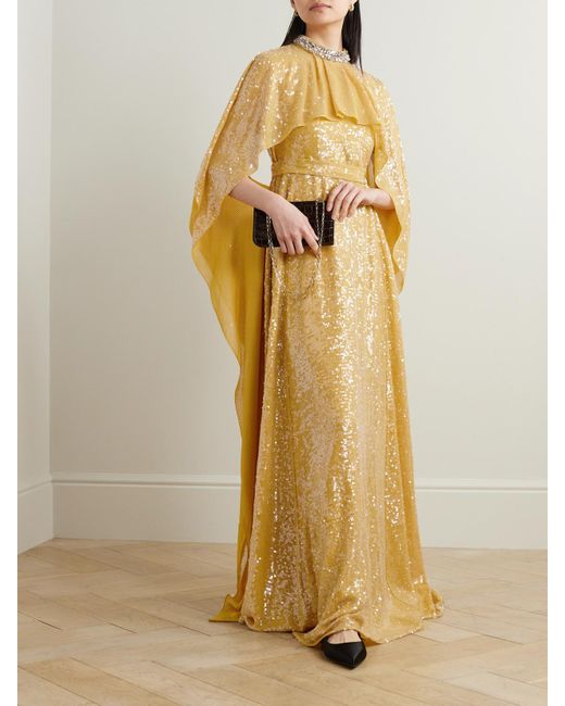 Erdem Yellow Cape-Effect Crystal-Embellished Sequined Crepe De Chine Gown