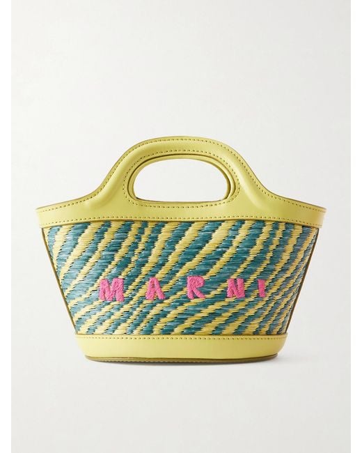 Marni Blue Tropicalia Micro Leather And Embroidered Raffia-Like Tote