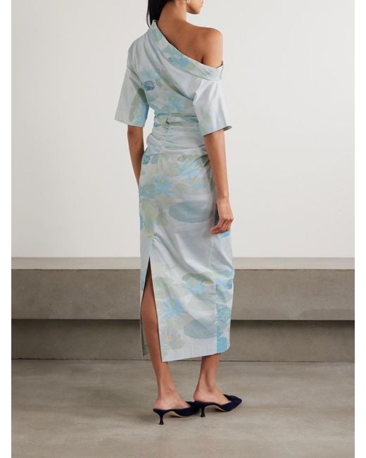 BERNADETTE Blue Bowery Off-The-Shoulder Printed Stretch-Cotton Midi Dress