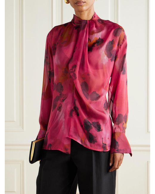 Victoria Beckham Red Draped Floral-Print Silk-Chiffon Wrap Blouse