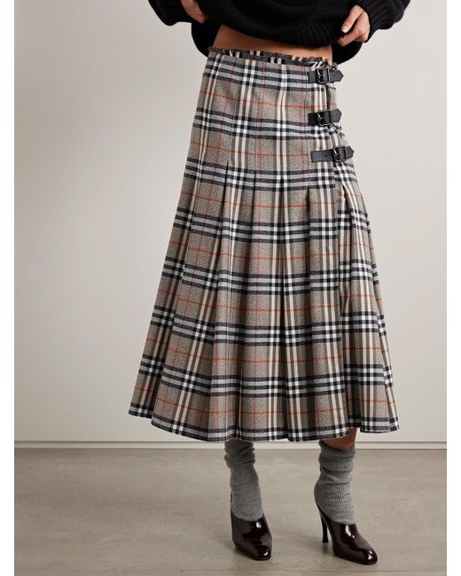 Jupe Midi En Laine À Carreaux, Plis Et Finitions En Cuir Burberry en coloris Multicolor