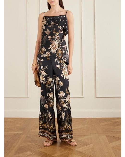 Camilla Black Asymmetric Draped Embellished Embroidered Printed Silk-Satin Top