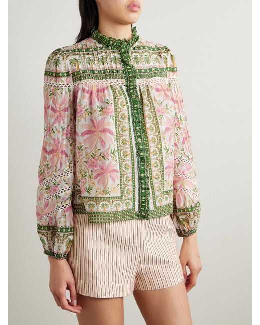 Farm Rio Pink Crochet-Trimmed Pintucked Printed Cotton-Voile Blouse