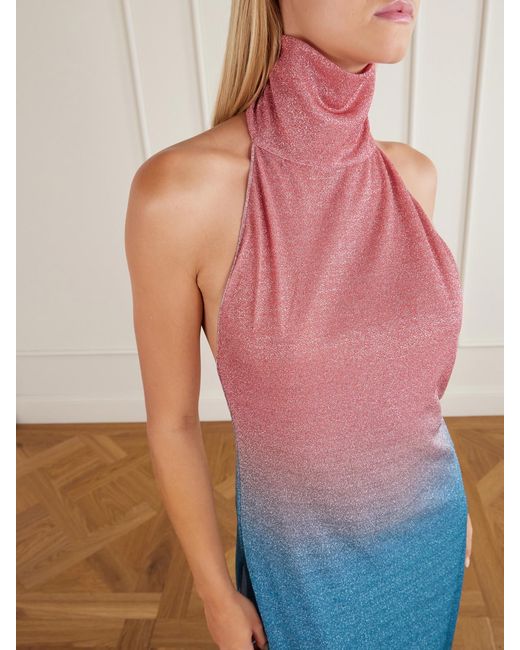 Oseree Blue Lumière Candy Ombrè Metallic Stretch-Knit Halterneck Maxi Dress