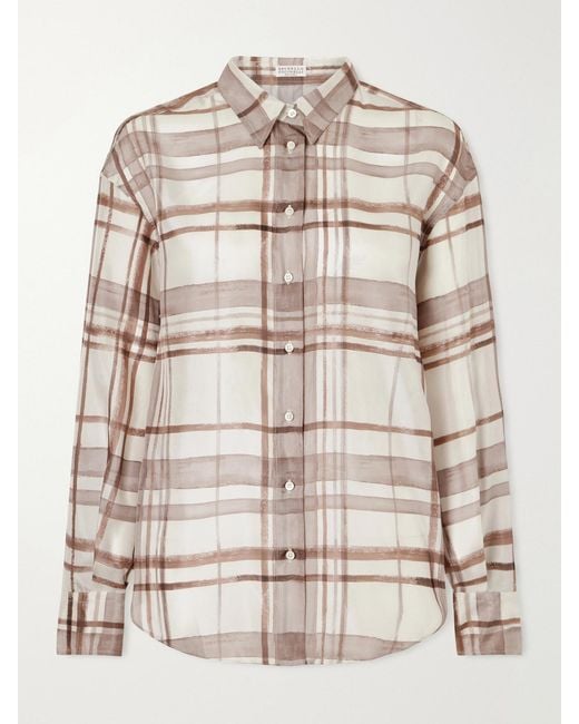 Brunello Cucinelli Natural Checked Silk-Satin Shirt