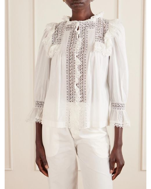 Saint Laurent White Crochet-Trimmed Cotton-Voile Blouse