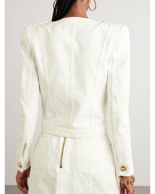 Balmain Natural Cropped Button-Embellished Cotton-Canvas Jacket