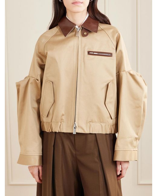 Sacai Natural Pleated Leather-Trimmed Cotton-Twill Jacket