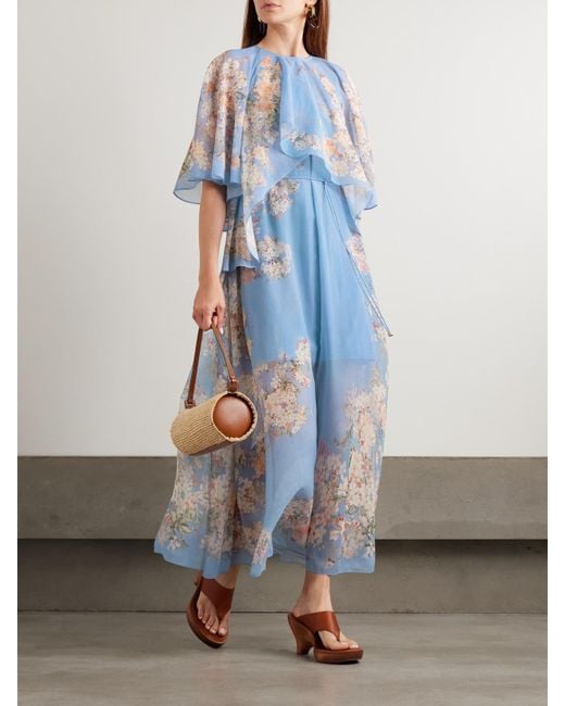 Zimmermann Blue Cascadian Tiered Ruffled Floral-Print Recycled-Georgette Maxi Dress