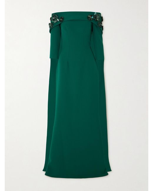 Safiyaa Green Bellara Off-the-shoulder Cape-effect Embellished Stretch-crepe Gown
