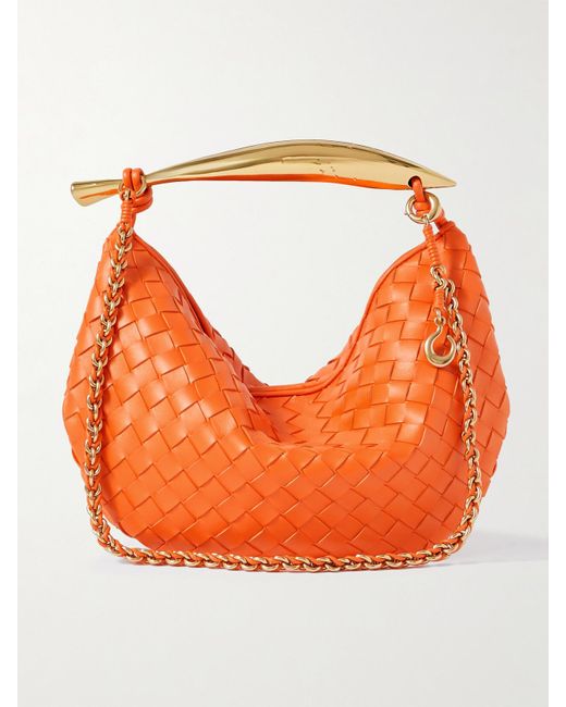 Bottega Veneta Orange Sardine Small Intrecciato Leather Shoulder Bag With Chain